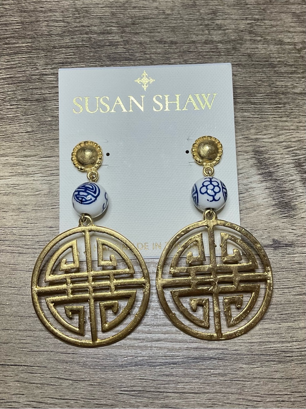 Susan Shaw Blue White Porcelain Happiness Drop Earrings Triple 24K Gold Plated
